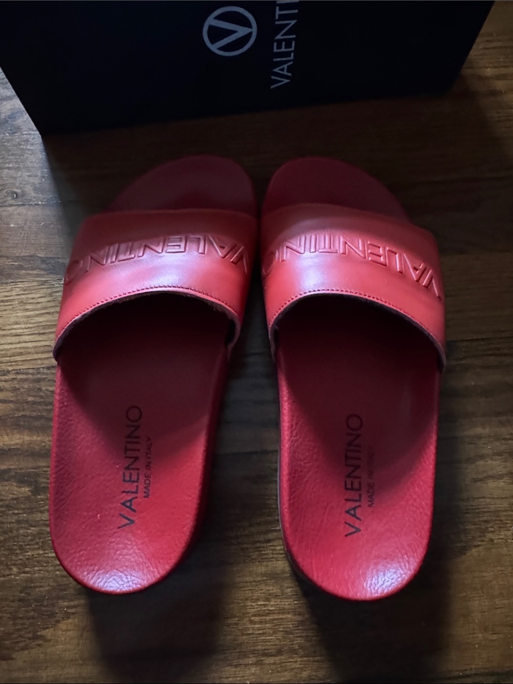 Valentino Red Embossed Logo Leather Slide Sandals
